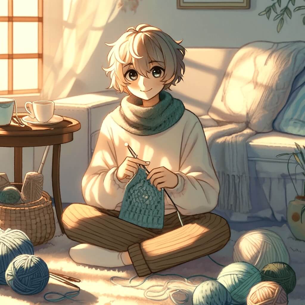 happy girl knitting cozy room
